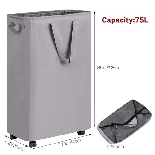 efluky Slim Laundry Hamper with Wheels Rolling Laundry Basket for Clothes Small Laundry Basket for Bedroom Dorm and Laundry Room 75L 198 Gallons Grey - Image 3
