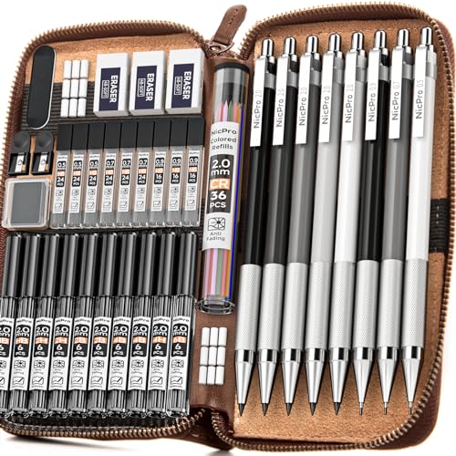 Nicpro 38PCS Art Mechanical Pencils Set in Leather Case 3 PCS Metal Drafting Pencil 05 07 09 mm 5 PCS 2mm Lead Holder 6B 4B 2B HB 2H 4H Colors For Sketching Drawing With 20 Tube Lead Refills - Image 1