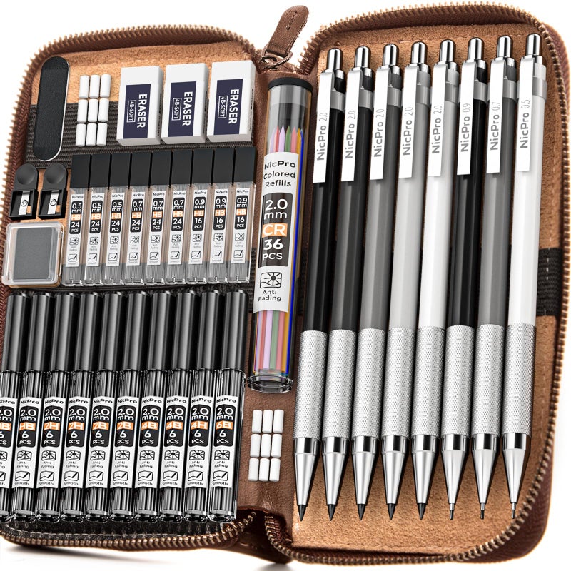 Nicpro 38PCS Art Mechanical Pencils Set in Leather Case 3 PCS Metal Drafting Pencil 05 07 09 mm 5 PCS 2mm Lead Holder 6B 4B 2B HB 2H 4H Colors For Sketching Drawing With 20 Tube Lead Refills - Image 2