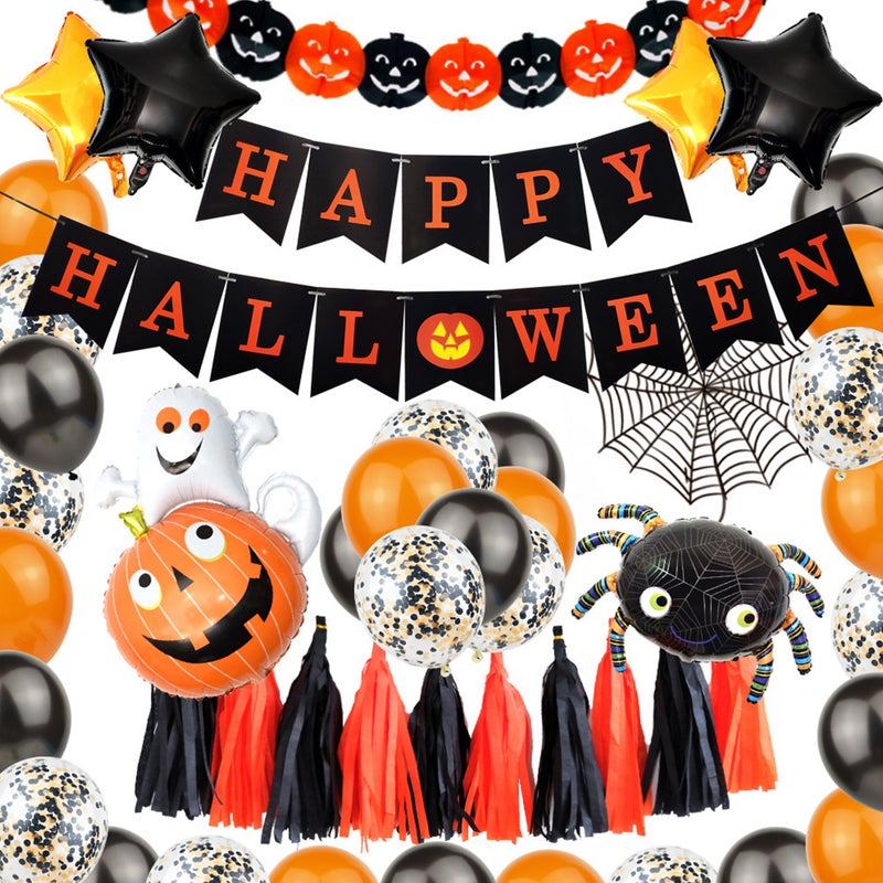 Halloween Balloon Decorations Set Halloween Party Supplies Happy Halloween Banner Pumpkin Spider Pattern Foil Latex Balloons for Kids Halloween Theme Party Background Classroom Decorations - Image 1