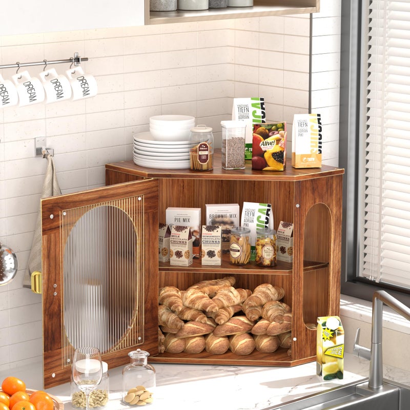 TQQDCI Corner Bread Box for Kitchen Countertop, Large Wooden Bread Box, Double Layer Bread Storage Bin, Vintage Breadbox for Homemade Bread, Farmhouse Kitchen Organizer with Acrylic Window - Image 5