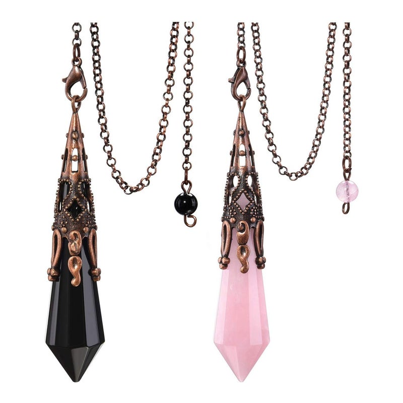 Jovivi 2pcs Natural Rose Quartz Crystal Black Obsidian 12 Facted Therapy Healing Dowsing Divination Pendulum Reiki Charged Chakra Balancing Pendant with Chain