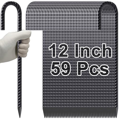 VVOKGO Rebar Stakes 12 Inches J Hook Heavy Duty Chain Link Fence Stakes, 59 Pcs Metal Long Tent Spikes Ground Anchors for Wire Fencing, Dogs Digging, Camping Tents, Swings, Greenhouse, Black - Image 1
