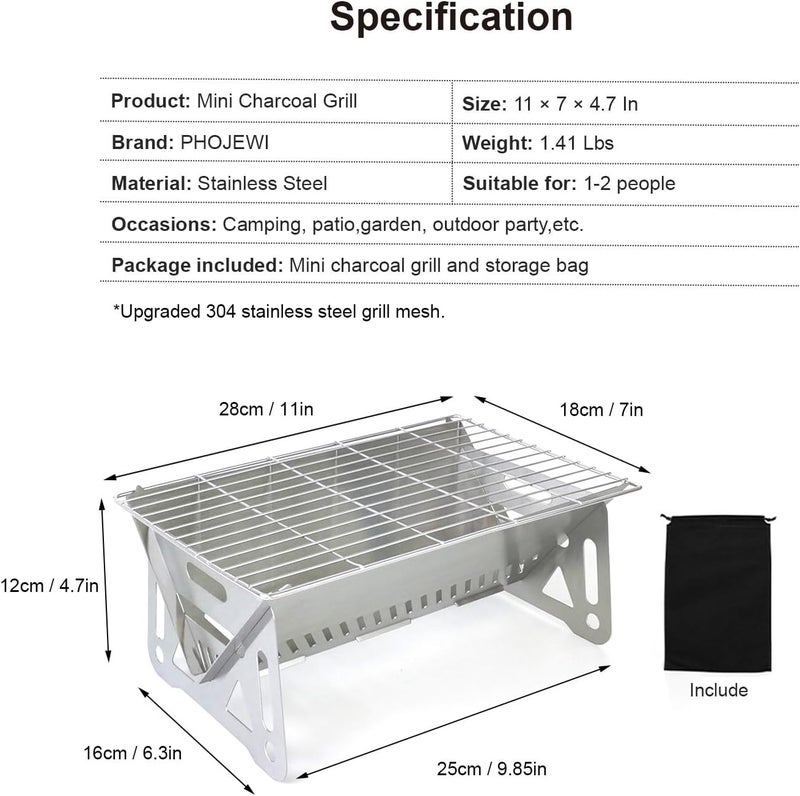 PHOJEWI Mini Portable Charcoal Grill,Small BBQ Grill Tabletop Fire Pit for Camping Patio Outdoor Grill Stainless Steel Camping Grill Folding Barbecue Grills Backpacking Grill - Image 3