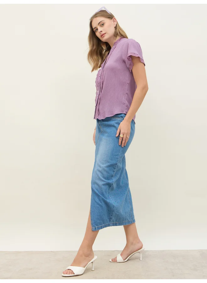 ستايلي Styli Eyelash Scallop Lace Trim V Neck Top