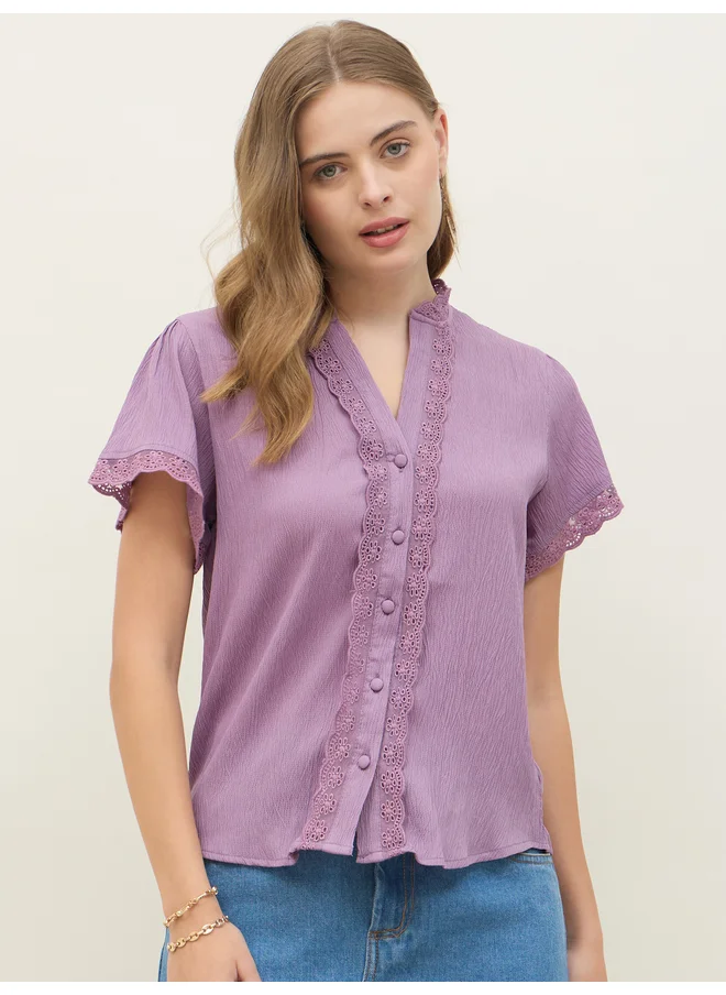 ستايلي Styli Eyelash Scallop Lace Trim V Neck Top