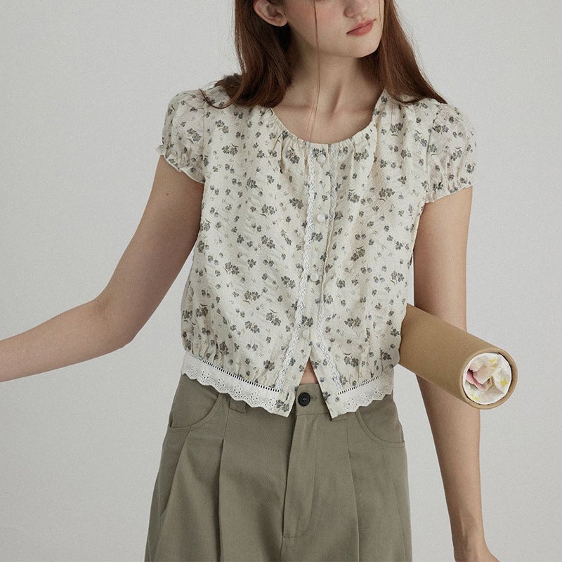 French Style Lace Ear Edge Striped Shirt 2024 Commuter Style Floral Slim T-Shirt - Image 1