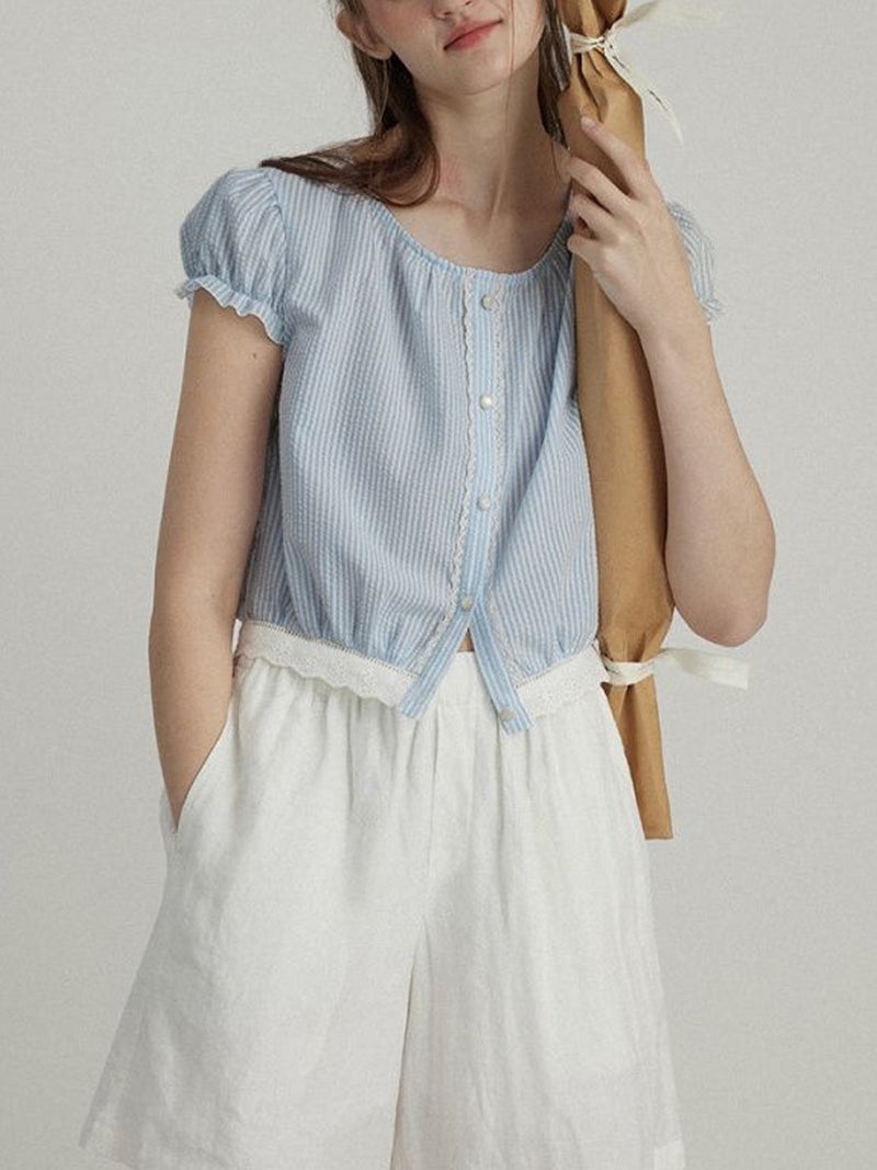 French Style Lace Ear Edge Striped Shirt 2024 Commuter Style Floral Slim T-Shirt - Image 2