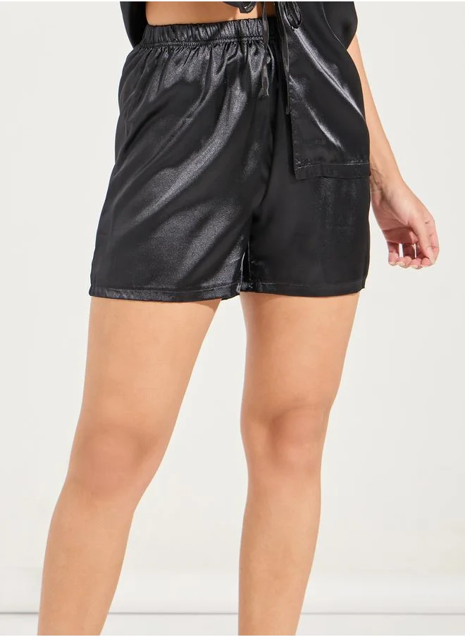 Styli Solid Satin Tie Front Shirt & Short Set