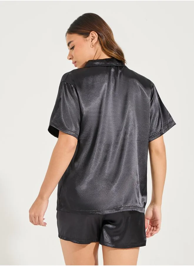 Styli Solid Satin Tie Front Shirt & Short Set