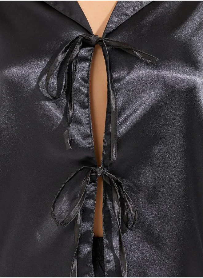 Styli Solid Satin Tie Front Shirt & Short Set