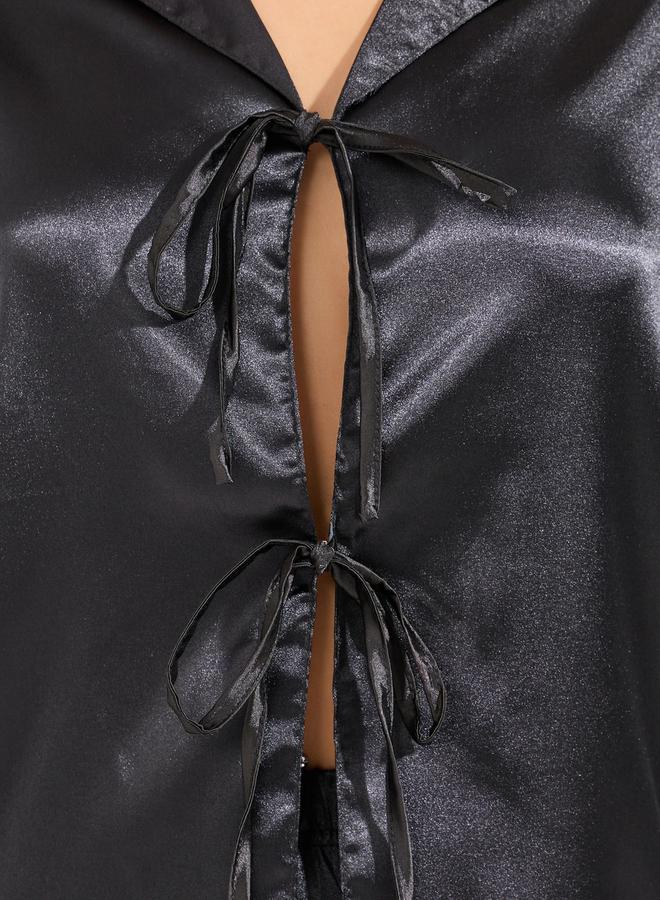 Styli Solid Satin Tie Front Shirt & Short Set  - Image 3