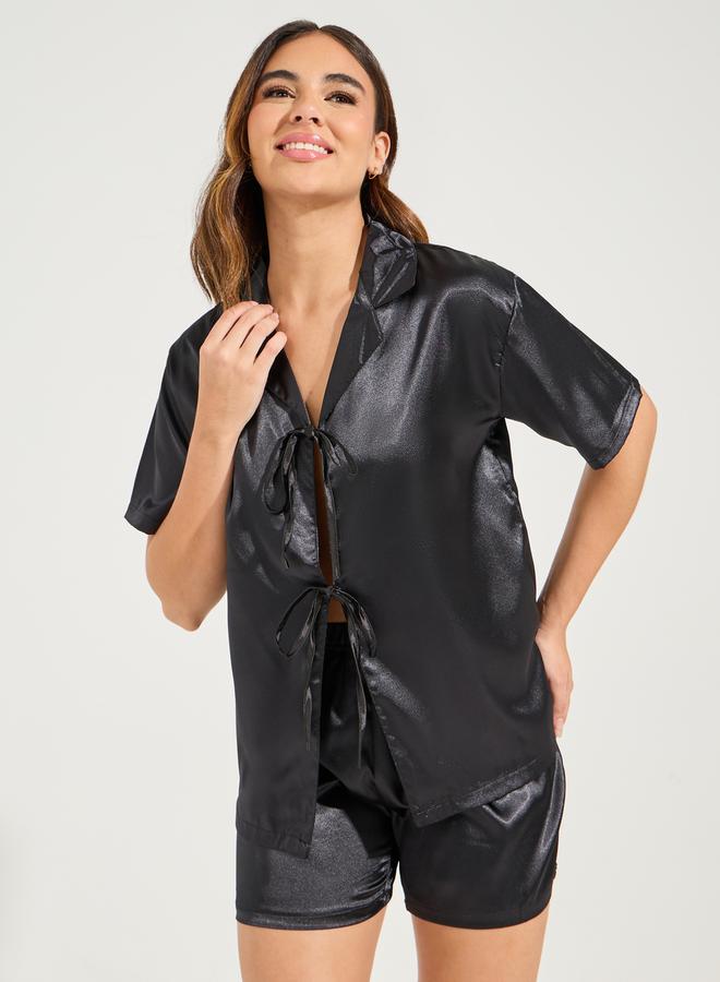 Styli Solid Satin Tie Front Shirt & Short Set  - Image 1