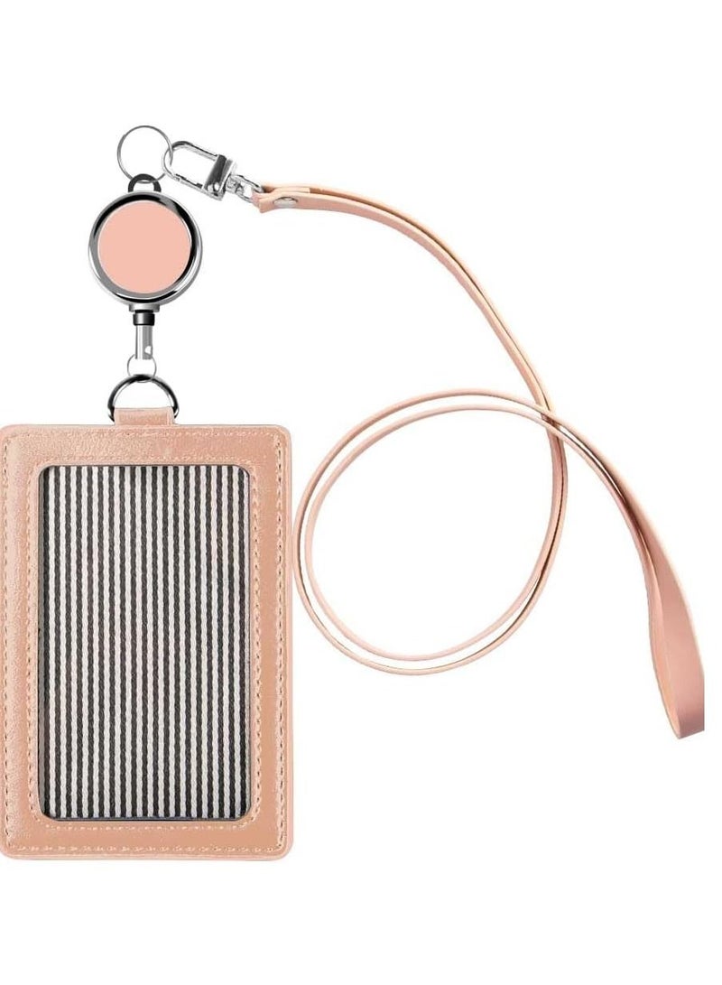 SUCITY PU Leather ID Badge Card Holder Wallet-Style Protective Case, Vertical ID Card Case with Neck Lanyard Business Credit Card ID Badge Lanyard Keychain (Pink)  - Image 1