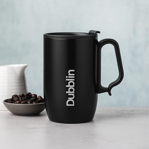 DUBBLIN Refresh Stainless Steel Unbreakable Tea Coffee Mug Double Wall with Handle and Lid, Wide Mouth Mug Keeps Beverages Hot & Cold 350 ML Black - Image 1