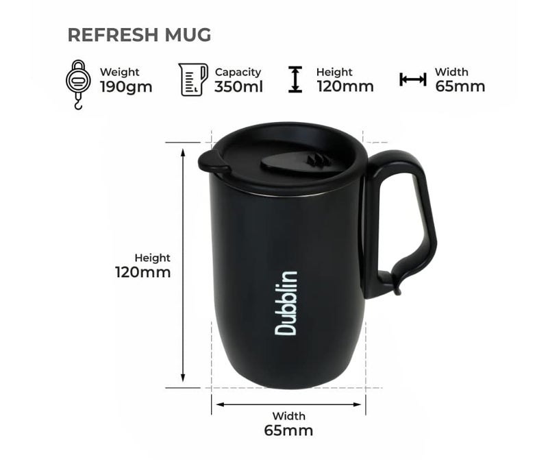 DUBBLIN Refresh Stainless Steel Unbreakable Tea Coffee Mug Double Wall with Handle and Lid, Wide Mouth Mug Keeps Beverages Hot & Cold 350 ML Black - Image 3