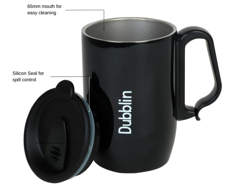 DUBBLIN Refresh Stainless Steel Unbreakable Tea Coffee Mug Double Wall with Handle and Lid, Wide Mouth Mug Keeps Beverages Hot & Cold 350 ML Black - Image 4