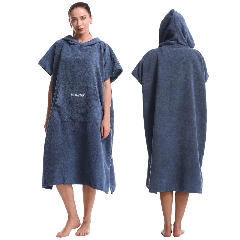 Hiturbo Changing Towel Robe Absorbent Hooded Surf Poncho QuickDry Blanket Towels with Front Pocket for Swiming Surfing Aquatics One Size Unisex Navy