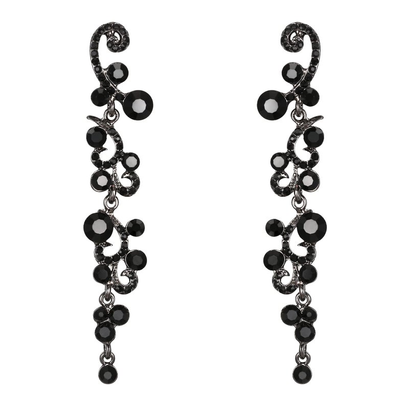 EVER FAITH Women's Rhinestone Austrian Crystal Art Deco Banquet Prom Flower Wave Chandelier Dangle Earrings Black Black-Tone - Image 1