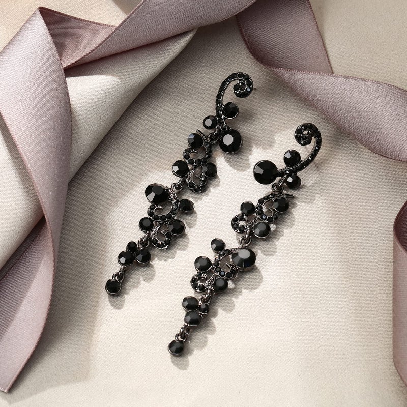 EVER FAITH Women's Rhinestone Austrian Crystal Art Deco Banquet Prom Flower Wave Chandelier Dangle Earrings Black Black-Tone - Image 3