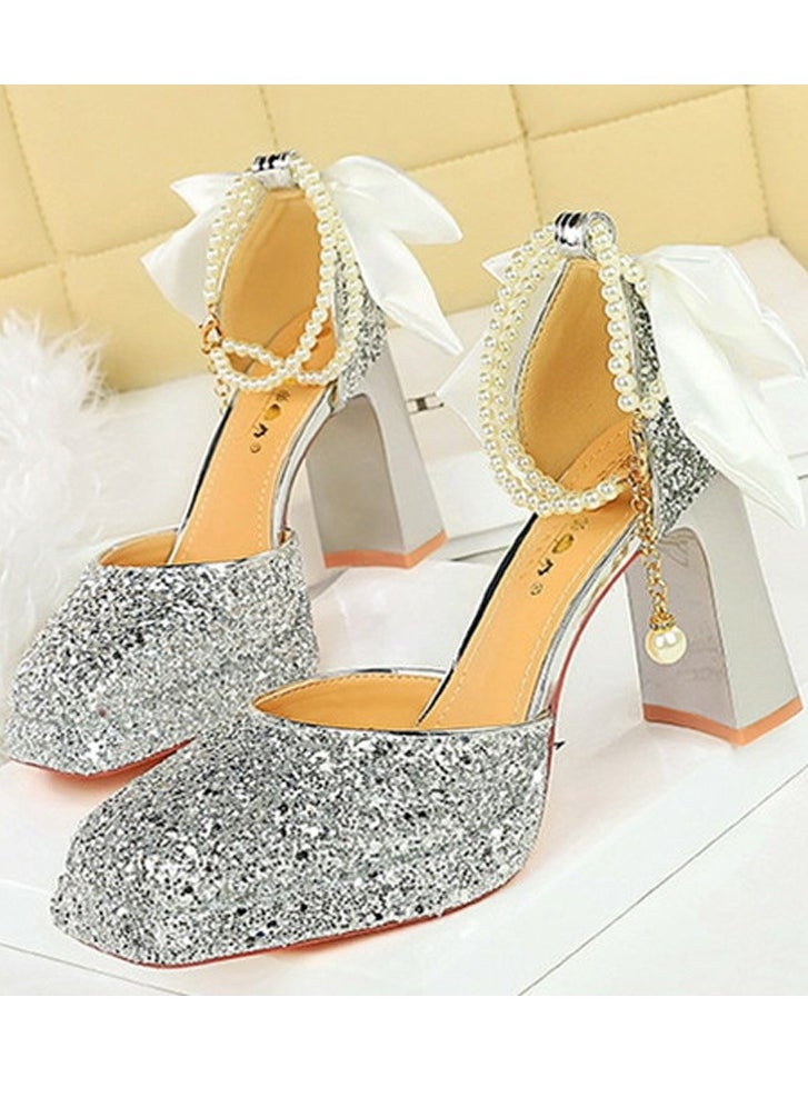 BIGTREE Womens Shiny Sequins Platform Chunky High Heel Square Closed Toe With Beaded Ankle Strap Bowknot Decoration Pumps Silver 9CM  - Image 1