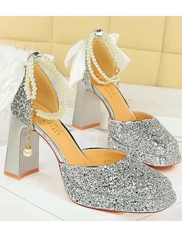 BIGTREE Womens Shiny Sequins Platform Chunky High Heel Square Closed Toe With Beaded Ankle Strap Bowknot Decoration Pumps Silver 9CM  - Image 2