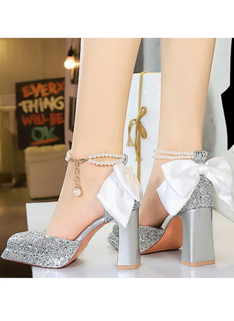 BIGTREE Womens Shiny Sequins Platform Chunky High Heel Square Closed Toe With Beaded Ankle Strap Bowknot Decoration Pumps Silver 9CM  - Image 4