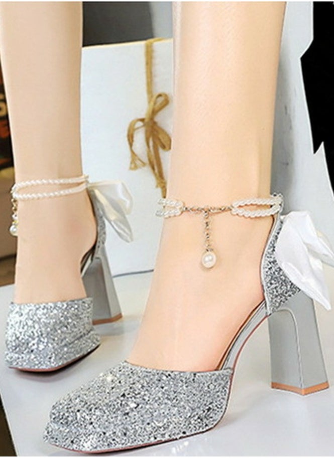 BIGTREE Womens Shiny Sequins Platform Chunky High Heel Square Closed Toe With Beaded Ankle Strap Bowknot Decoration Pumps Silver 9CM  - Image 3
