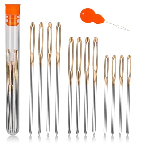 TLKKUE 12 Pcs/3 Sizes Large-Eye Blunt Needles, Steel Yarn Needle with Needle Threader, Tapestry Needle for Sewing Crochet Knitting Embroidery (Gold 2.08in/2.36in/2.76in) - Image 1