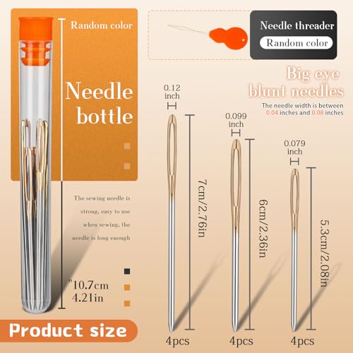 TLKKUE 12 Pcs/3 Sizes Large-Eye Blunt Needles, Steel Yarn Needle with Needle Threader, Tapestry Needle for Sewing Crochet Knitting Embroidery (Gold 2.08in/2.36in/2.76in) - Image 2