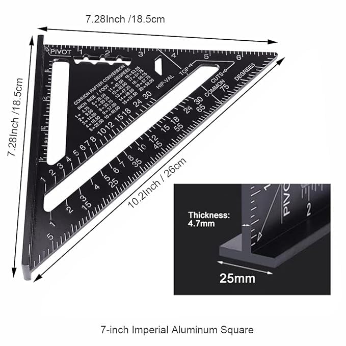NIKTION 7 Inch Rafter Square Triangle Ruler Angle Ruler Aluminum Alloy Double Scale Carpenter Triangle Square Rafter Tool Mensurement Tool for Woodworking and Carpentry - Image 2