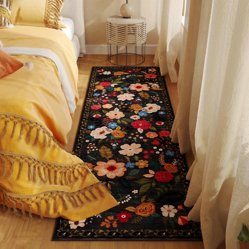 Rugcomf Runner Rug for Hallways Kitchen Rug Non Slip 2'x 6' Washable Runner Rugs with Rubber Backing Soft Floral Carpet Runner for Hallways, Kitchen, Laundry, Bedroom, Bathroom(Black) - Image 4