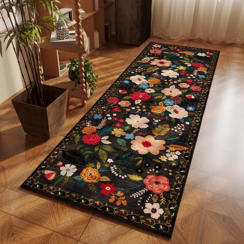 Rugcomf Runner Rug for Hallways Kitchen Rug Non Slip 2'x 6' Washable Runner Rugs with Rubber Backing Soft Floral Carpet Runner for Hallways, Kitchen, Laundry, Bedroom, Bathroom(Black) - Image 5