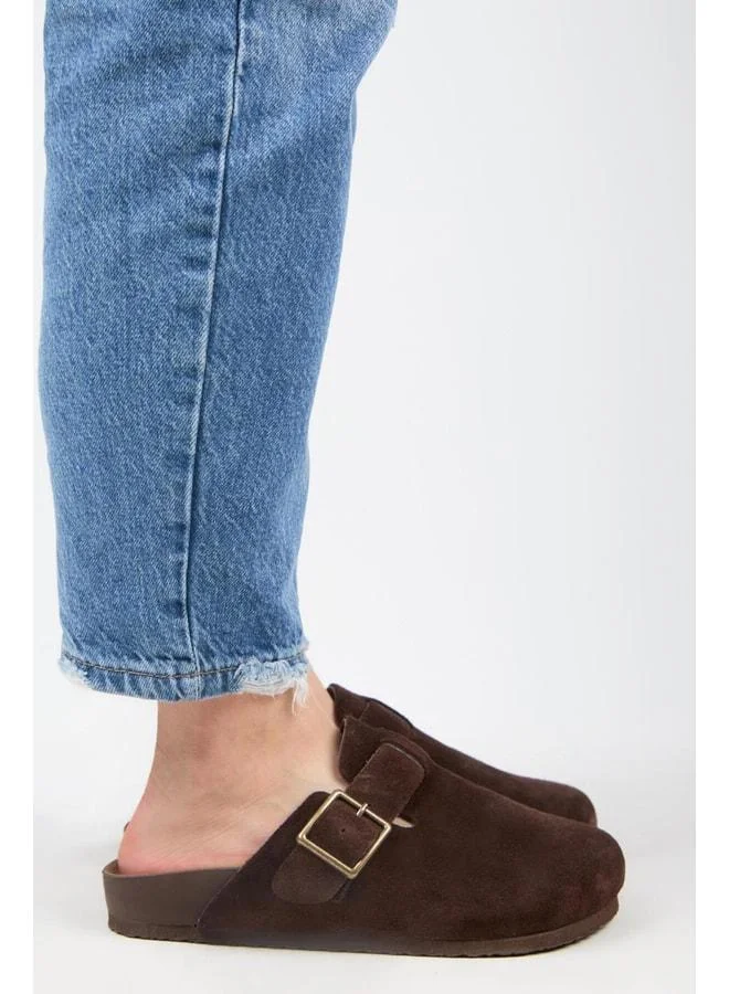 Zeta 2 Women's Genuine Leather Buckle Strap Sabo Dark Brown Slippers.