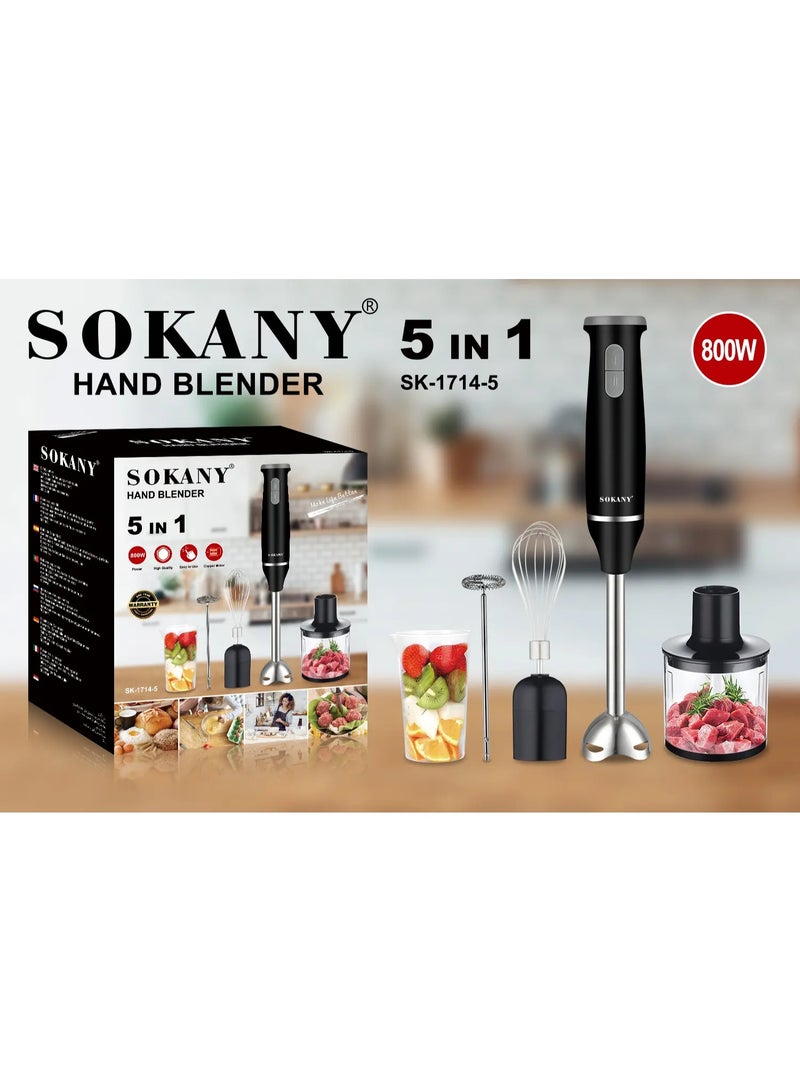 sokany 5 In 1 Hand Blender,800W Hand Blender Chopper Whisker Mixer Milk Frother, Durable Stainless Steel Blade & Removable Stick | Comes with 600ml Plastic Jar, 500ml Chopper,SK-1714-5,Black - Image 2