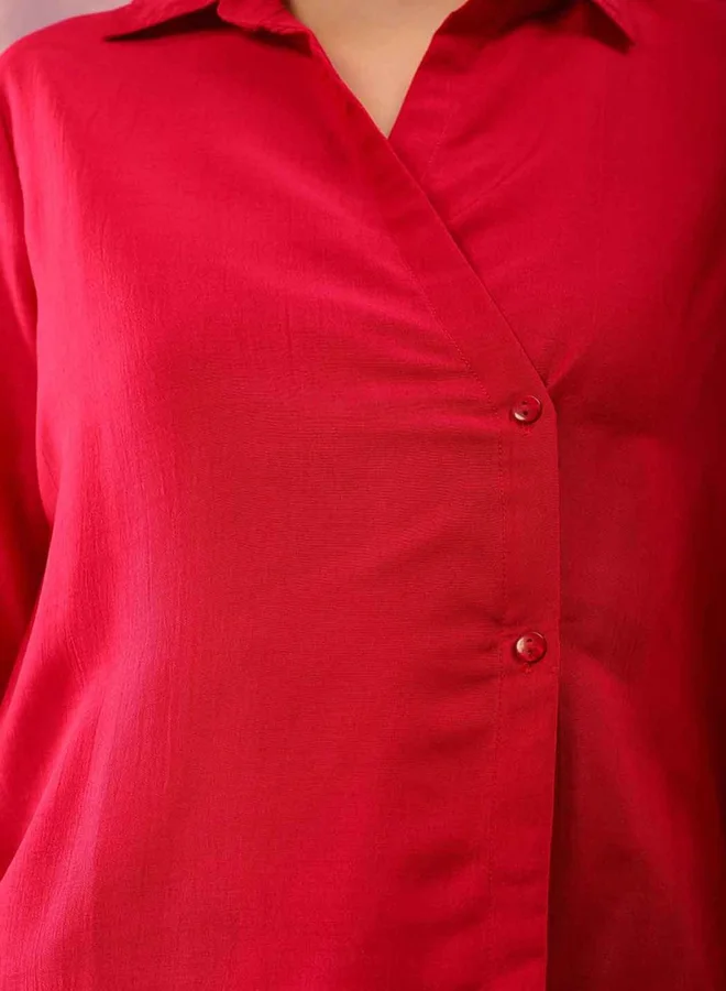 Freehand Freehand Women Red Wrap Style Shirt with Buttons