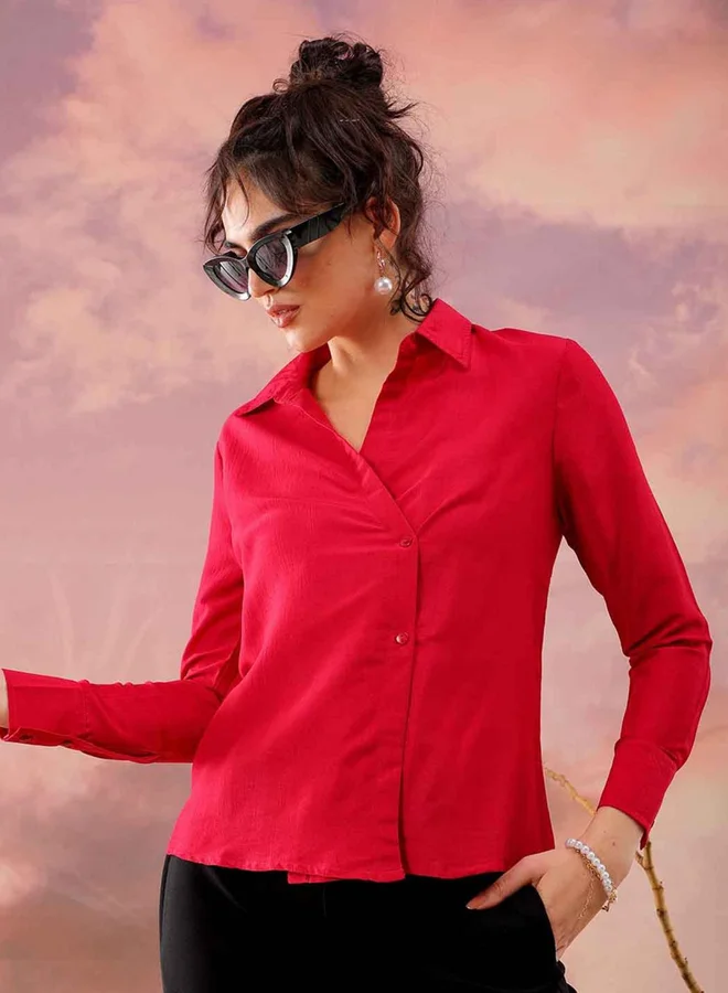 Freehand Freehand Women Red Wrap Style Shirt with Buttons