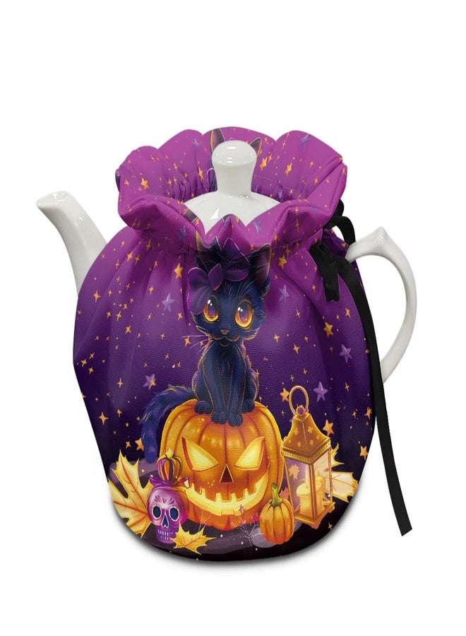 Yewattles Breakfast Pot Cover Kitchen Home Decorative Tea Pots Cozy with Insulation Pad Keep Warm with Drawstring Design Black Cat Pumpkin Pattern - Image 1