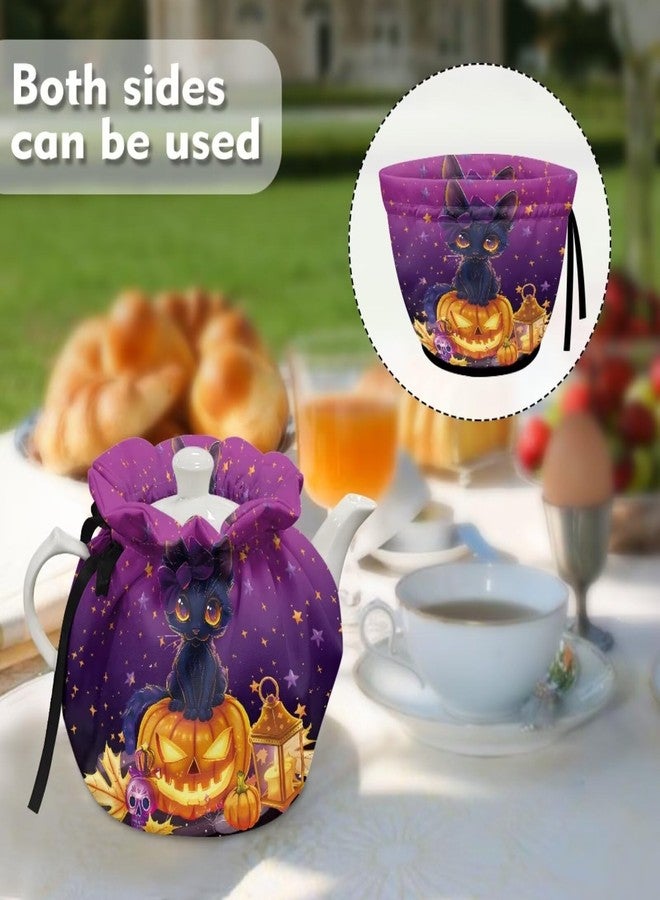 Yewattles Breakfast Pot Cover Kitchen Home Decorative Tea Pots Cozy with Insulation Pad Keep Warm with Drawstring Design Black Cat Pumpkin Pattern - Image 4