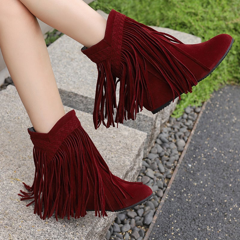 Model Increased Tassel Women'S Shoes 40-48 Plus Size Velvet Braid Low Boots Tide - Image 5