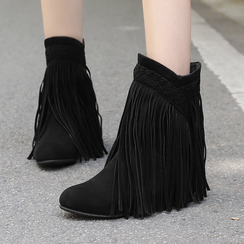 Model Increased Tassel Women'S Shoes 40-48 Plus Size Velvet Braid Low Boots Tide - Image 2