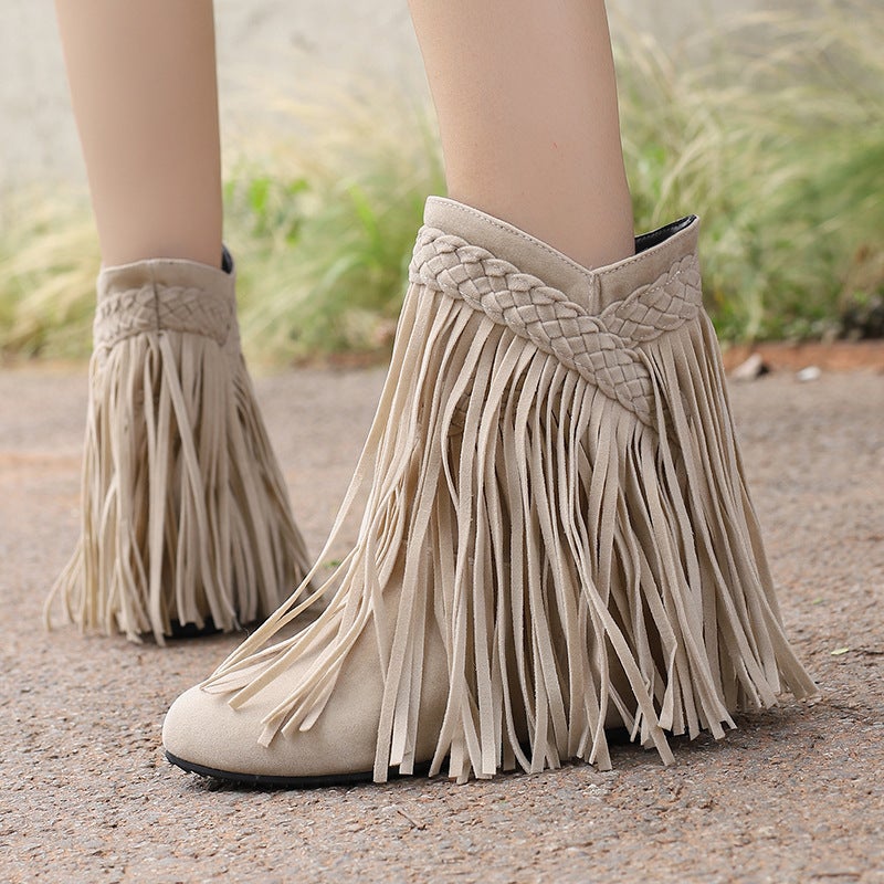 Model Increased Tassel Women'S Shoes 40-48 Plus Size Velvet Braid Low Boots Tide - Image 4
