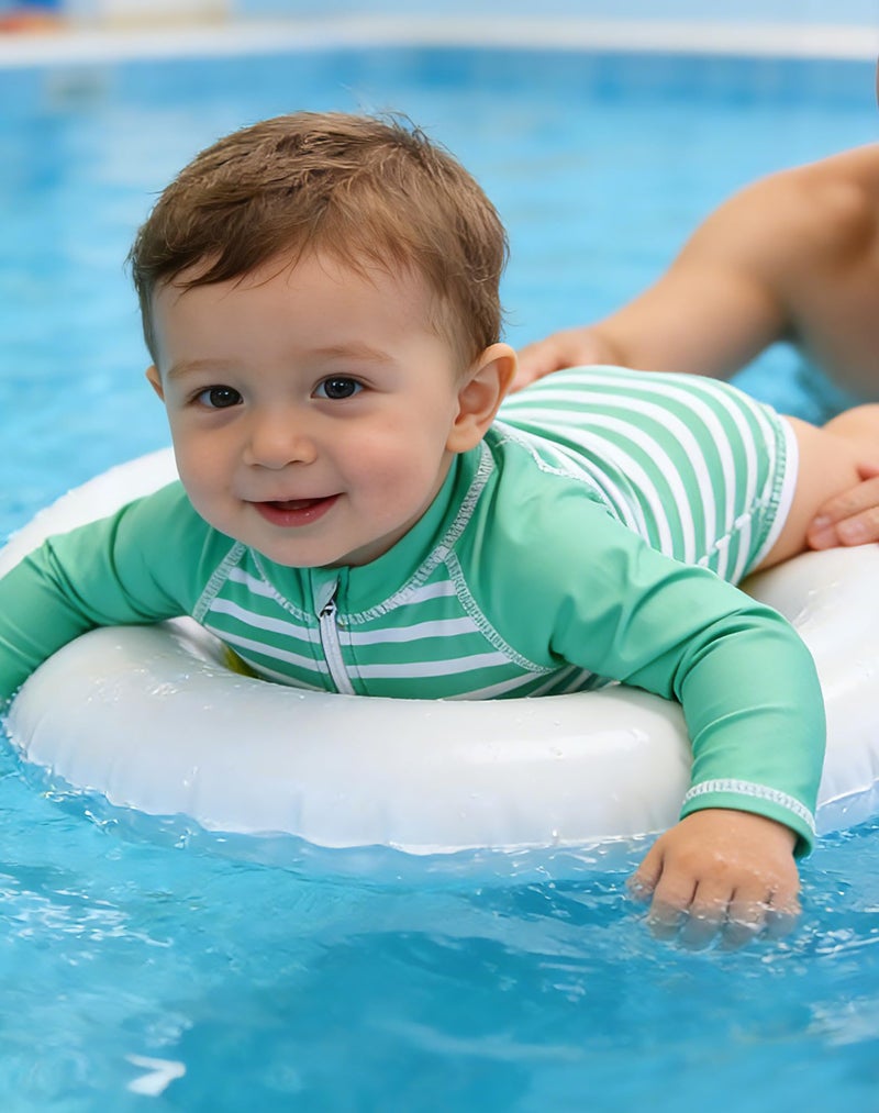 uideazone Baby Boy Swimsuit 6-12 Months Toddler White Green Stripe Rash Guard Swimsuit Long Sleeve One Piece Sunsuit with Zipper UPF 50+ Sun Protection - Image 3