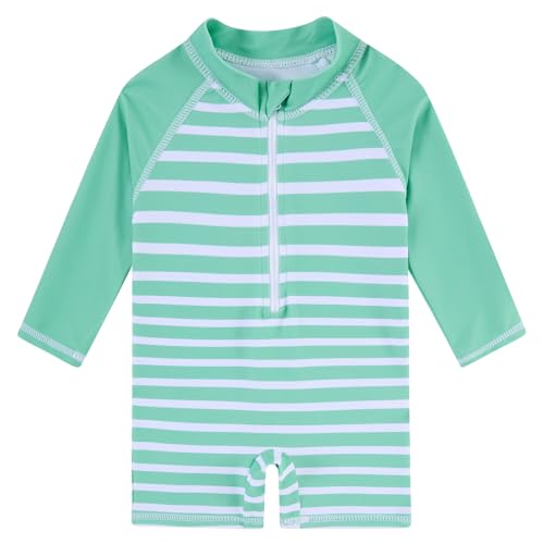uideazone Baby Boy Swimsuit 6-12 Months Toddler White Green Stripe Rash Guard Swimsuit Long Sleeve One Piece Sunsuit with Zipper UPF 50+ Sun Protection - Image 1