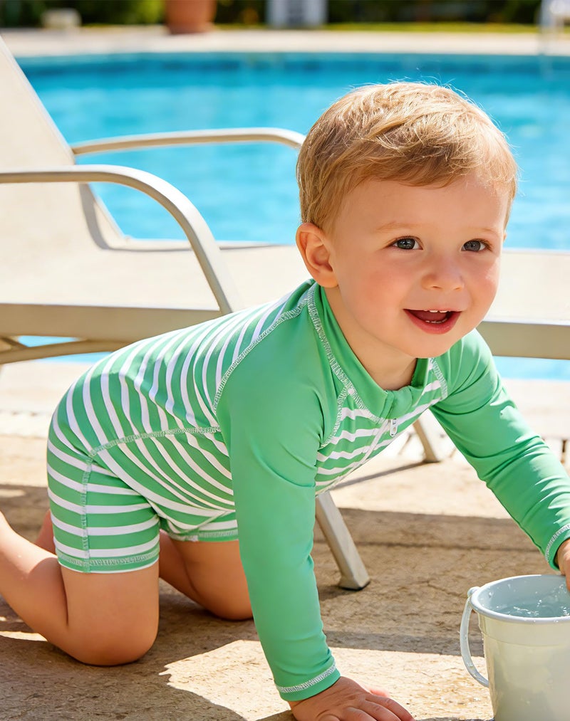 uideazone Baby Boy Swimsuit 6-12 Months Toddler White Green Stripe Rash Guard Swimsuit Long Sleeve One Piece Sunsuit with Zipper UPF 50+ Sun Protection - Image 5
