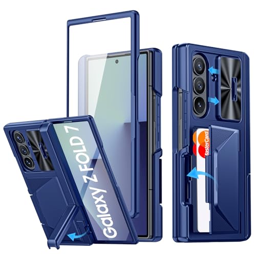 BSNRM for Samsung Galaxy Z Fold 7 Case with Card Holder RFID Blocking, Built in Slide Lens Cover & Hinge Protection & Kickstand & Screen Protector, Shockproof Wallet Case for Z Fold 7 (Sapphire Blue) - Image 1
