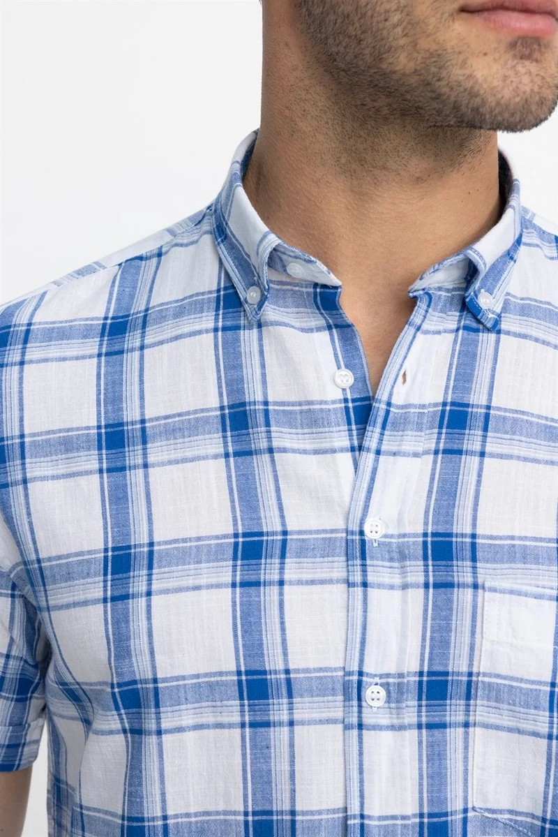 Tudors Classic Fit Short Sleeve Checked Linen Men's Colorful Shirt
