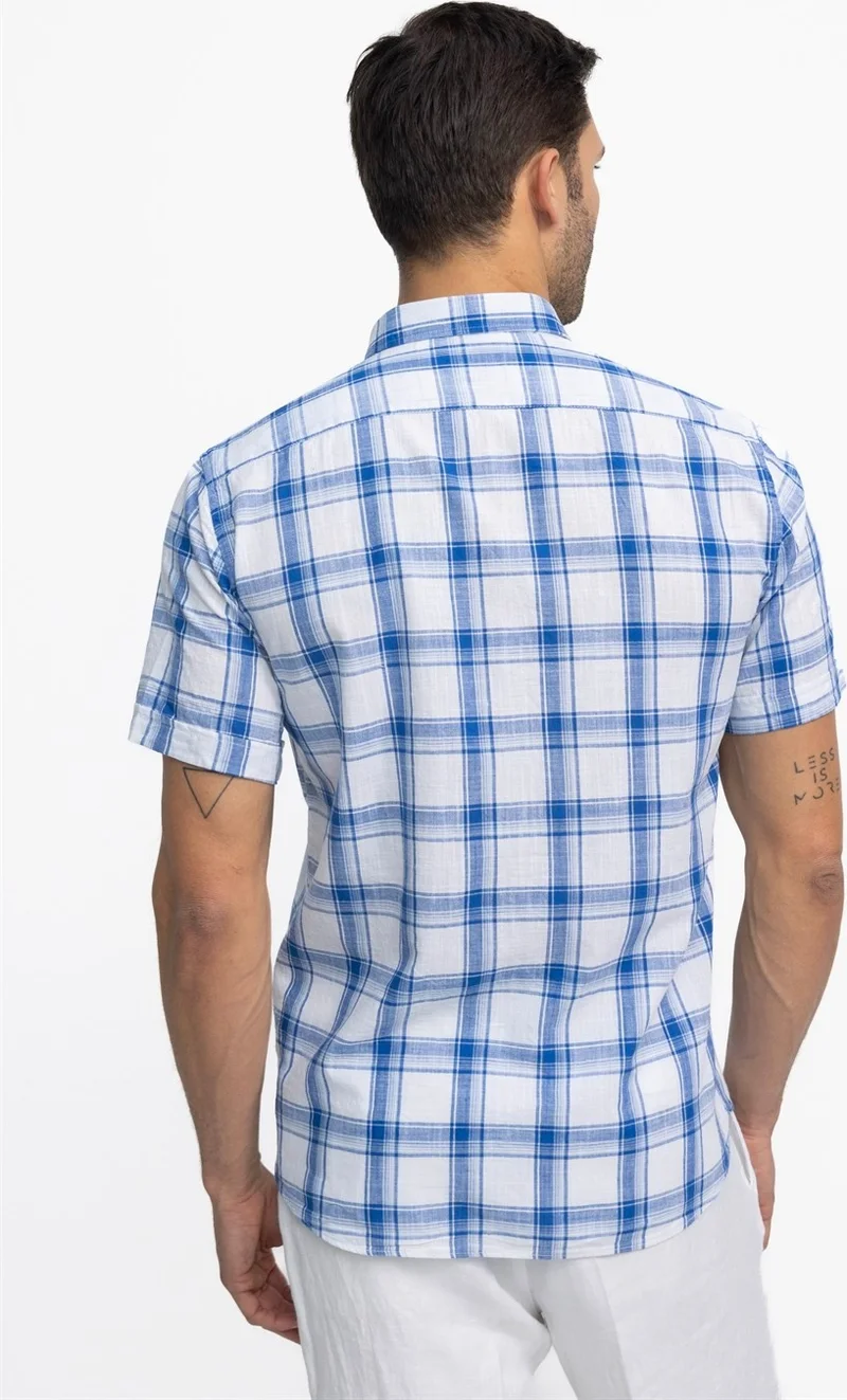 Tudors Classic Fit Short Sleeve Checked Linen Men's Colorful Shirt