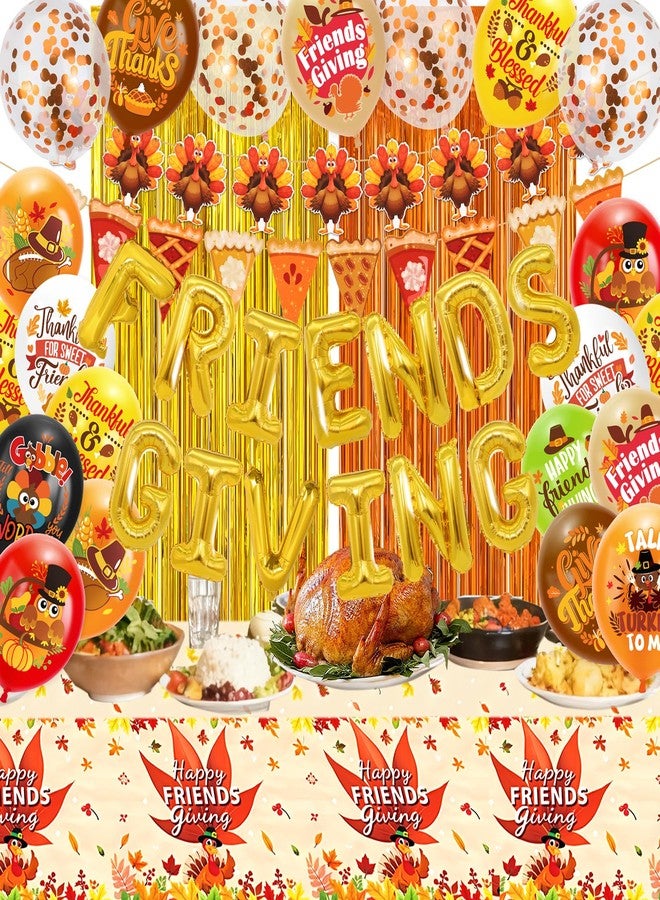 HOWAF Friendsgiving Party Decorations Set- Friends Giving Foil Balloons Friendsgiving Tablecloth Turkey Banner Gold Orange Fringe Curtain for Friends Thanksgiving Party Supplies - Image 1
