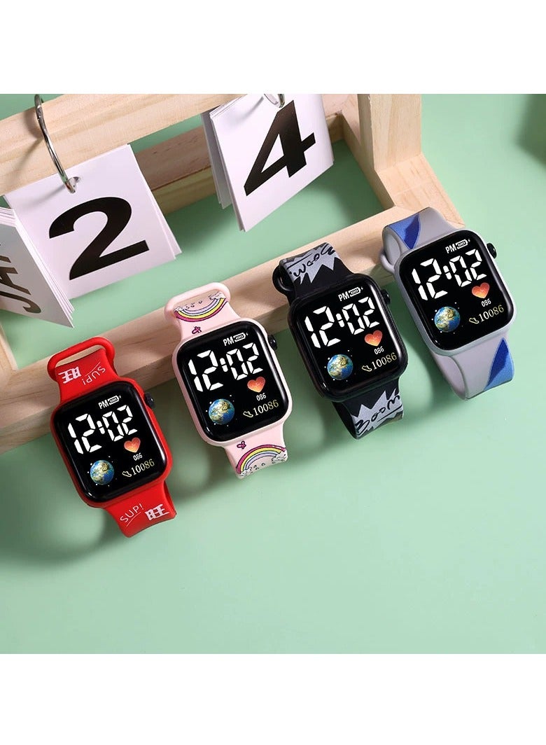4 Pcs Kids' Cartoon Anime Printed Square Water Resistant Silicone Digital Watch - Image 1